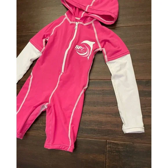 Sun Skinz Toddler Pink Hooded One-Piece Swim Swimsuit UPF 50+ Long Sleeve 2 2T